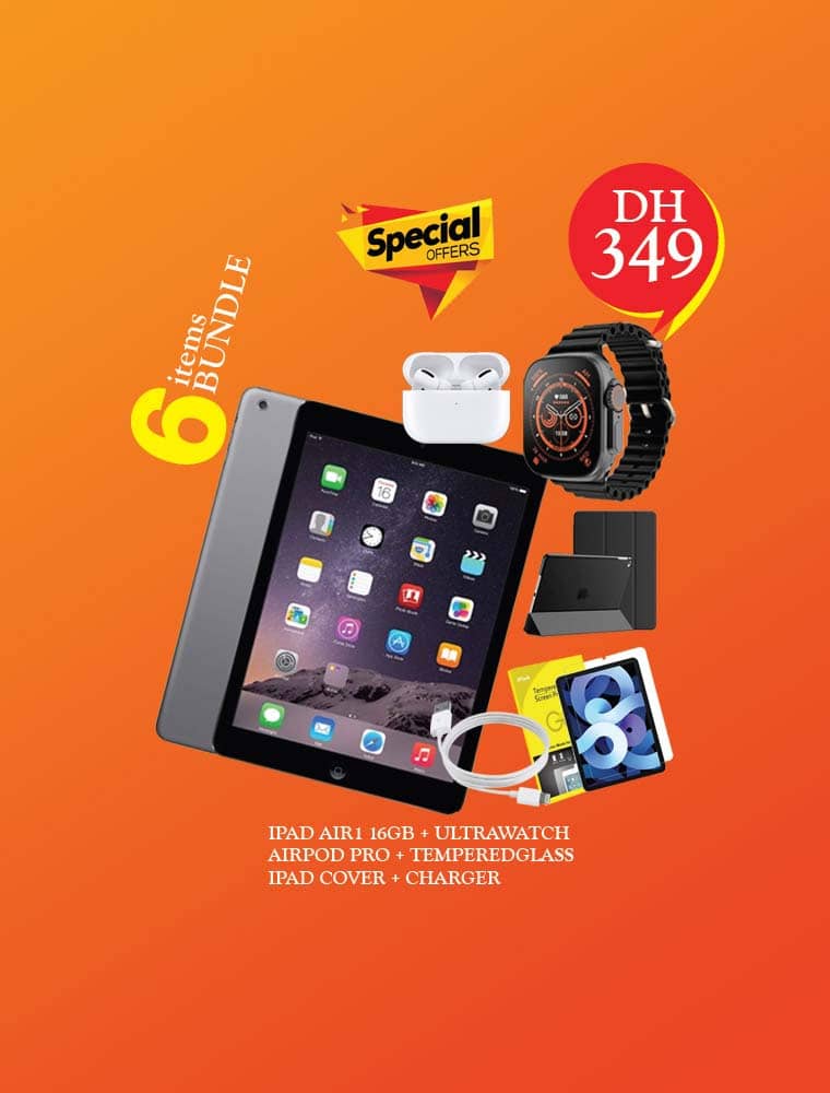 iPAD AIR1 16GB + 5iTEMS OFFER- IPAD AIR1 16GB + ULTRAWATCH AIRPOD PRO + TEMPEREDGLASS IPAD COVER + CHARGER - Renewed